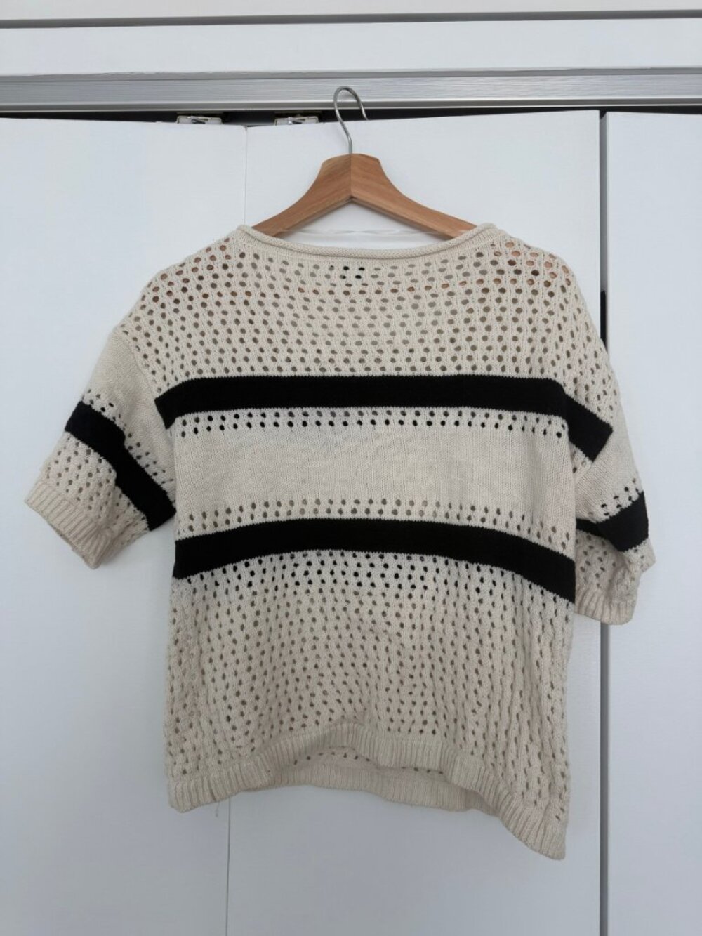 Sanctuary Openwork Crochet Knit Sweater Tee Black/Chalk Stripe S